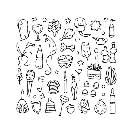 This captivating illustration features a collection of hand-drawn doodle elements related to food and various items, creating a whimsical and visually engaging composition. It's perfect for adding aのイラスト素材