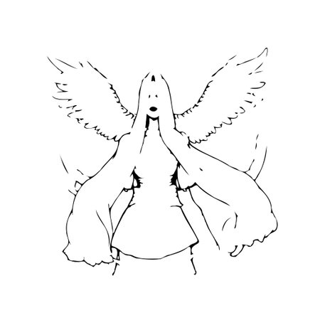 A minimalistic monochrome illustration presents an ethereal figure with outstretched wings. The simple line drawing evokes a sense of serenity and otherworldly grace. This artwork explores themes ofのイラスト素材