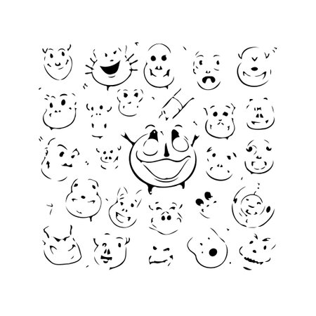 A captivating array of hand-drawn cartoon faces, showcasing a range of emotions and expressions. The playful arrangement creates a whimsical and engaging visual experience, perfect for adding aのイラスト素材
