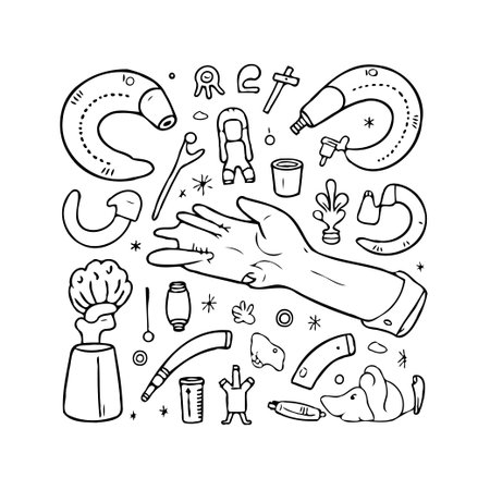 An imaginative monochrome illustration showcasing a hand surrounded by an assortment of whimsical and quirky objects. The artistic style offers a playful yet structured composition, ideal forのイラスト素材