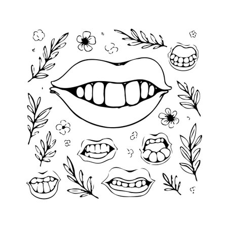 A hand-drawn illustration featuring a whimsical arrangement of mouth expressions with teeth sketches, accompanied by delicate floral elements. This artwork showcases diverse mouth gestures, lineのイラスト素材