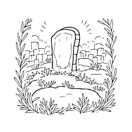 An evocative stylized drawing portrays an ancient monument standing prominently among stylized vegetation with a city built of stone blocks in the background, invites viewers to consider themes ofのイラスト素材