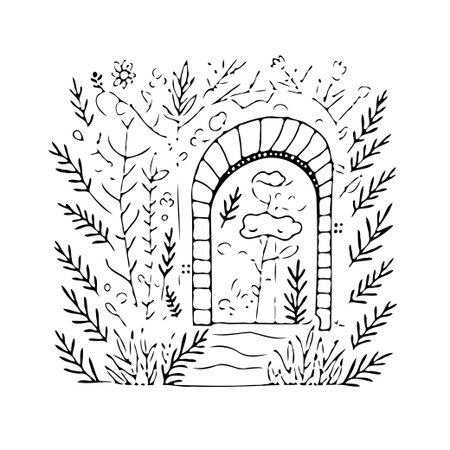 A hand-drawn, simplistic illustration showcasing a charming garden doorway framed by flourishing botanical elements. The vector design lends itself perfectly to creating an artistic backdrop,のイラスト素材