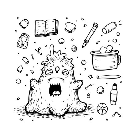 A cartoonish and monochrome illustration portrays a tired monster amidst symbols of sickness, including a book, pills, and a steaming beverage. The image evokes feelings of discomfort and conveys aのイラスト素材