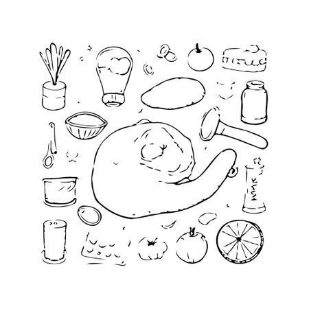 A minimalistic doodle illustration depicting various foods, kitchen tools, and culinary ingredients. The hand-drawn style creates a cozy and inviting atmosphere, perfect for showcasing recipes,のイラスト素材