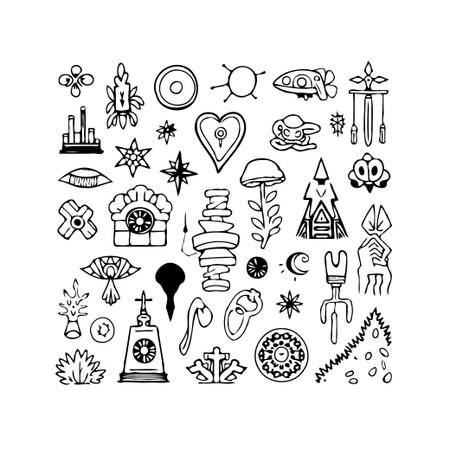 A collection of hand-drawn doodles featuring simple lines and whimsical designs, perfect for adding a touch of creative flair to your projects. These unique and quirky symbols offer a diverse rangeのイラスト素材