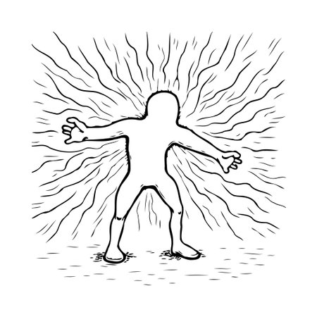 A simplified monochrome illustration depicts a human figure with outstretched arms, surrounded by emanating lines suggesting a radiating aura. The image conveys a sense of energy, force, orのイラスト素材