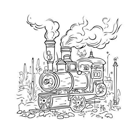 Detailed illustration of a vintage steam train. Ideal for coloring books, educational material, or design projects seeking a touch of old-world charm. Perfect for adding a touch of nostalgia andのイラスト素材