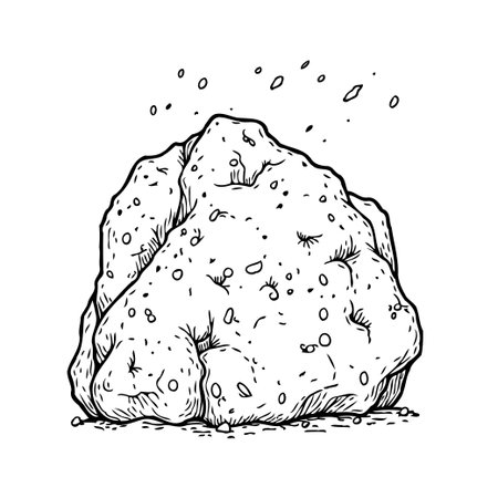 A minimalist illustration of a boulder with a rough, textured surface. Tiny particles float around it, symbolizing erosion. The simple design highlights the contrast between strength and weathering,のイラスト素材