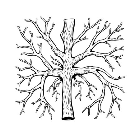 A detailed monochrome tree illustration with bare branches. The hand-drawn aesthetic gives it an organic, artistic feel. Perfect for adding a touch of nature to any design project, from logos toのイラスト素材