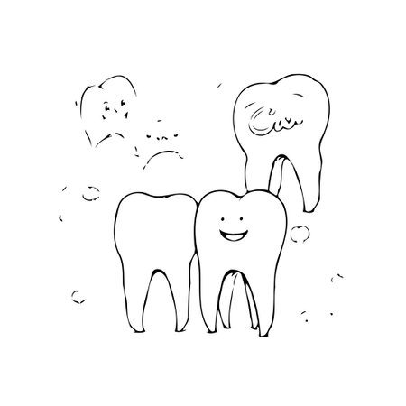 Simple vector illustration showcasing happy and sad teeth, conveying dental health concepts and the importance of oral hygiene. This cheerful design promotes awareness and encourages regular dentalのイラスト素材