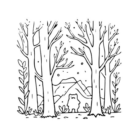 A charming hand-drawn style illustration features a small, endearing creature standing amidst tall trees, gazing at snow-covered mountains in the distance. The monochrome palette accentuates theのイラスト素材