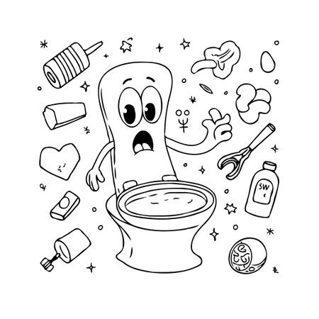 A cartoon toilet with a startled expression is centered amidst an array of plumbing tools and cleaning supplies. The illustration features clean lines and a whimsical style, perfect for highlightingのイラスト素材