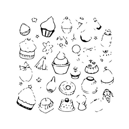 A collection of whimsical hand-drawn dessert doodles. These playful sketches evoke a sense of childlike wonder and are perfect for designs needing a touch of sweetness and artistic charm. Includesのイラスト素材