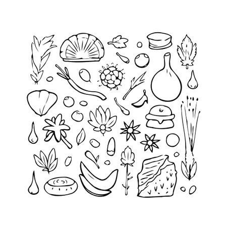 This hand-drawn composition presents a variety of herbal elements showcasing botanical illustrations, each crafted with a minimalist style. An intricate design that features different forms ofのイラスト素材