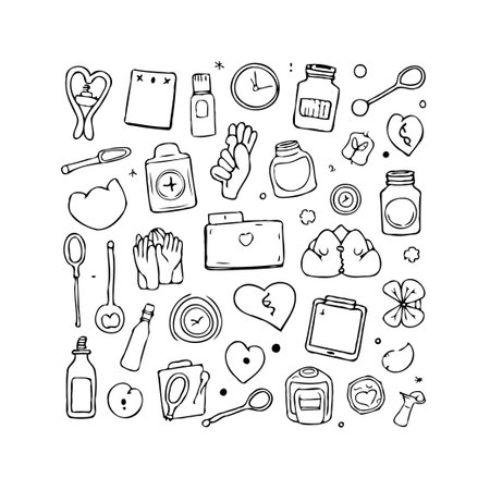 Detailed doodle illustration showcasing healthcare and wellbeing elements. This hand-drawn sketch includes pharmaceuticals, skincare, and medical supplies, forming a pattern that is both decorativeのイラスト素材