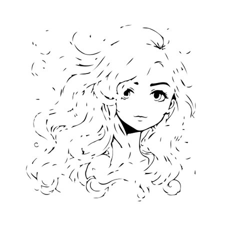 A digitally created artwork features a young woman's face in a delicate outline style. The monochrome design utilizes minimalist lines to highlight her flowing hair and express a serene youthfulのイラスト素材