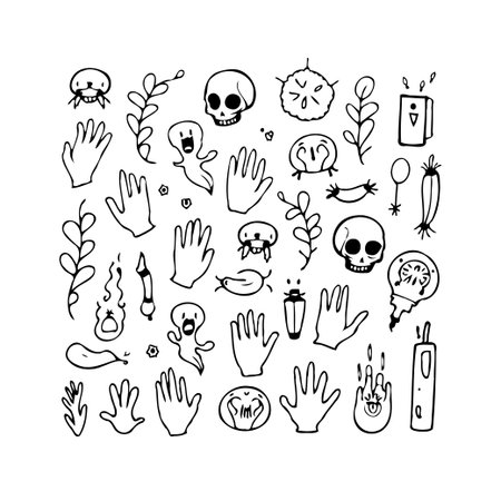 A whimsical array of hand-drawn spooky elements creates a playful illustration perfect for Halloween decor and design. A mix of skulls, ghosts, hands, and botanical elements gives off a spooky yetのイラスト素材
