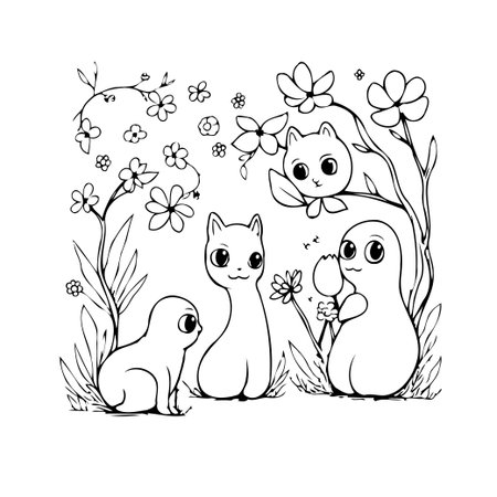 A cute hand-drawn illustration depicts adorable animal characters among various whimsical flowers. The black and white line art style lends itself perfectly for coloring pages or storybookのイラスト素材