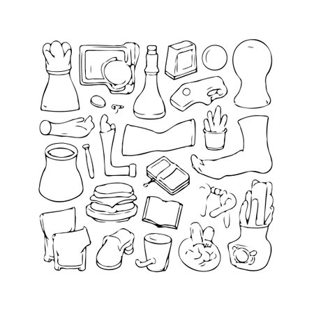 A hand drawn collection of various objects are presented in a minimalist style. These sketch drawings offer a simple design element, perfect for a wide range of creative applications. These areのイラスト素材