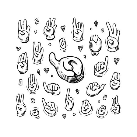 A diverse set of hand gesture illustrations captures various expressions and communications. From peace signs to pointing fingers, each hand drawing offers a unique symbol and emotions. The blackのイラスト素材