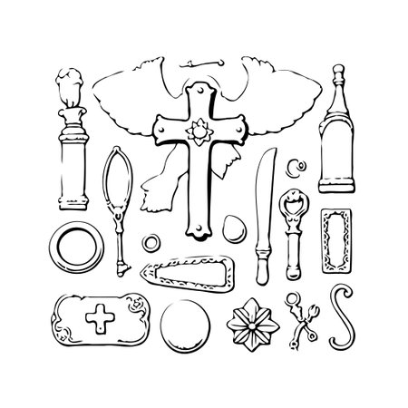 A vintage-style monochrome drawing showcases an arrangement of diverse symbolic objects, including a cross, bottle, candlestick, mirror, and knife. This intricate composition evokes a sense ofのイラスト素材