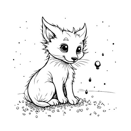 A simple black and white line art illustration of a cute fluffy kitten. The kitten sits innocently with a friendly expression. The design is whimsical and decorative, perfect for adding a touch ofのイラスト素材