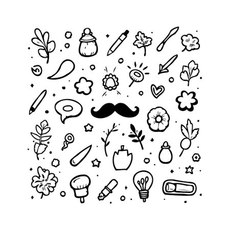A collection of whimsical hand-drawn doodles arranged on a white background featuring botanical elements, light bulbs, stationery and abstract shapes, forming a visually appealing and playfulのイラスト素材