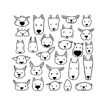 This artwork presents a collection of whimsical dog faces in a simple doodle style. The monochrome line art captures the essence of various dog breeds and their unique personalities. The drawingsのイラスト素材