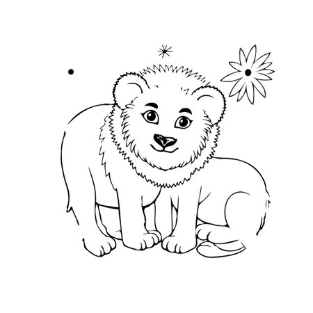 A charming illustration of a lion cub, ideal for coloring books or creative projects. The cub's gentle expression and simplistic design make it suitable for children and adults alike. The inclusionのイラスト素材