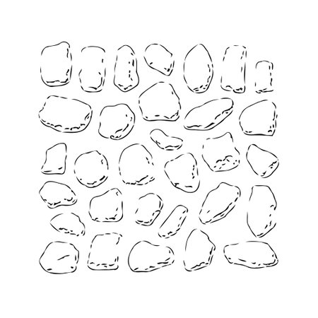 This minimalist illustration depicts a collection of rocks and stones rendered in a loose, sketchy style. The hand-drawn quality lends a raw, organic feel, creating a versatile graphic elementのイラスト素材