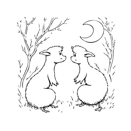 A delightful illustration showcases two fanciful creatures meeting under a crescent moon, surrounded by trees. The artwork captures a sense of wonder and peace, perfect for conveying storybookのイラスト素材