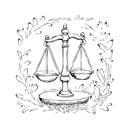 A finely detailed black and white illustration showcases an ornate balance scale enclosed by a delicate botanical wreath. The imagery suggests themes of justice, impartiality, and legal equilibrium,のイラスト素材