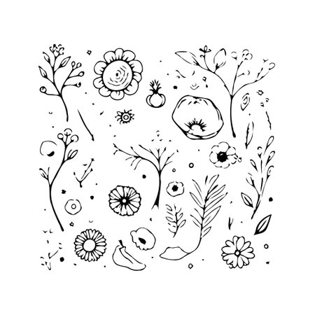 Detailed hand-drawn vector illustrations depicting a charming array of floral and botanical elements. These diverse sketches feature various blossoms, twigs, and pieces of foliage, perfect forのイラスト素材