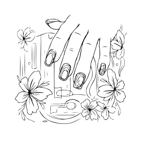 An illustration of a hand with elegantly designed nails, set against a backdrop of stylized flowers. This image evokes a sense of beauty and sophistication, ideal for promoting cosmetics, fashion,のイラスト素材