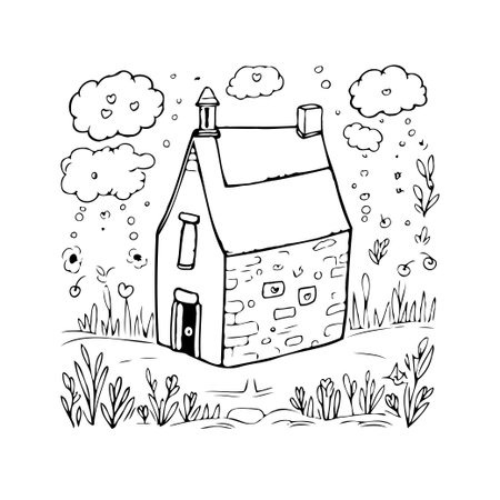 A hand-drawn illustration depicts a charming cottage nestled within a peaceful rural scene, featuring whimsical cloud formations and a garden of delicate flowers; a simple yet appealing imageのイラスト素材