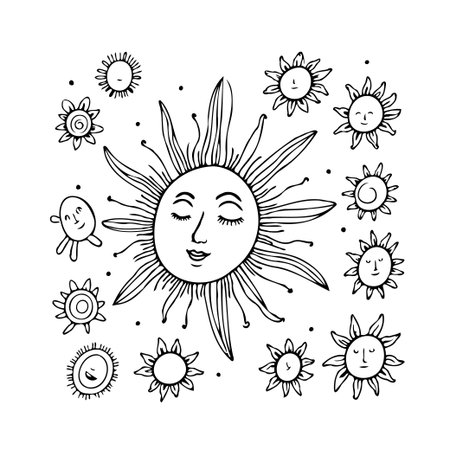 A collection of charming hand-drawn sun and star illustrations, radiating a cheerful and mystical vibe. Ideal for adding a touch of playful cosmic wonder to various creative projects, bringingのイラスト素材