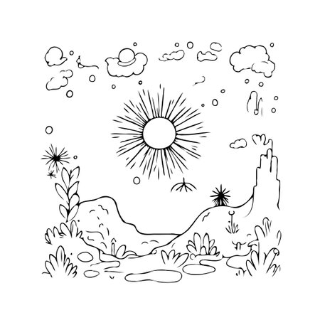 A minimalist contour drawing depicts a serene desert landscape with a radiant sun overhead celestial clouds above. Rocky hills dotted with resilient vegetation create a feeling of peaceful solitude,のイラスト素材