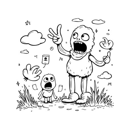 This black and white illustration showcases cartoon monsters surrounded by whimsical elements. The dynamic composition evokes a sense of adventure and imagination. With its funny and cartoonishのイラスト素材