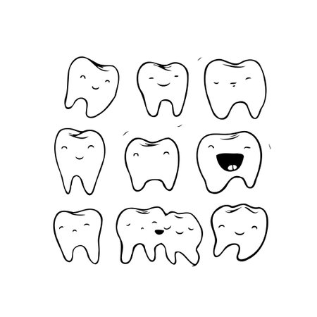 A delightful illustration showcasing a collection of cheerful teeth characters, each sporting a heartwarming smile. This whimsical design emphasizes the importance of oral hygiene, dental care, andのイラスト素材