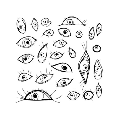 An artistic ensemble of meticulously sketched eyes presents an exploration of diverse expressions and perspectives, delving into the intricacies of human perception and emotional states, conveyedのイラスト素材