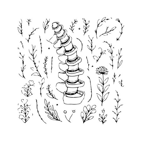 A decorative depiction of a human spine, set amongst various hand-drawn floral and botanical elements. This anatomical illustration combines medical accuracy with artistic expression, creating aのイラスト素材