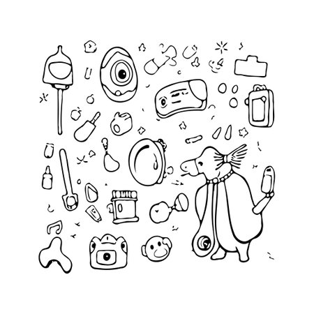 A playful monochromatic illustration filled with quirky creatures and unusual objects evokes a sense of whimsical fantasy. The handmade quality of the line art adds charm to this creative drawing,のイラスト素材