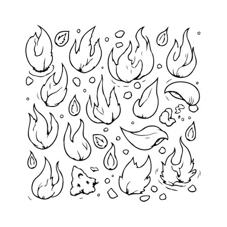 A hand-drawn style illustration depicting various stylized flames, heat particles and water droplets. The black and white image conveys a sense of elemental forces and contrasts the concepts of fireのイラスト素材