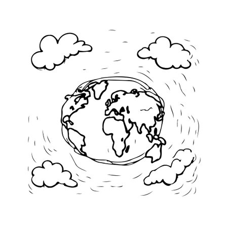 A hand-drawn style illustration of the Earth, encircled by fluffy clouds, offers a charming and whimsical representation of our planet. The simple black and white sketch creates a feeling ofのイラスト素材