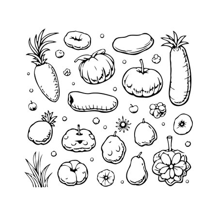 A monochromatic sketch featuring an array of fruits and vegetables. This illustration employs line art to depict various shapes and textures, presenting a simple yet decorative design perfect forのイラスト素材