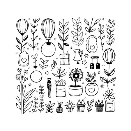 A charming collection of hand-drawn botanical doodles creates a whimsical design. The floral elements, leaves, and plants evoke a sense of nature, growth, and organic beauty, perfect for adding aのイラスト素材