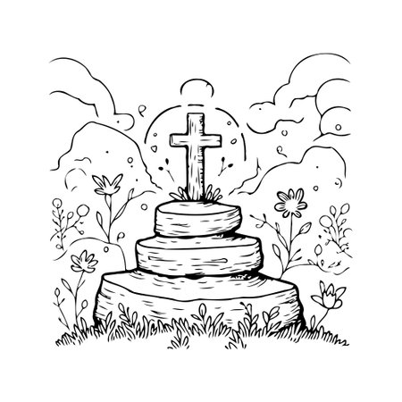 Sketch style illustration depicts a tiered stone altar crowned with a cross among wildflowers. The artwork exudes a sense of peaceful contemplation and spiritual reflection, evoking feelings ofのイラスト素材