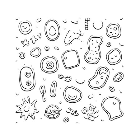 This hand-drawn doodle showcases various microscopic organisms and cellular structures in a whimsical and engaging manner. It's perfect for illustrating concepts in biology, microbiology, andのイラスト素材