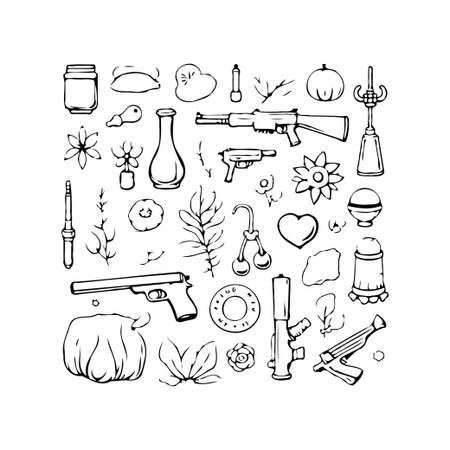This hand-drawn illustration features a whimsical collection of objects, from firearms and fruit to botanical elements and decorative containers. The simple black-and-white line art creates aのイラスト素材